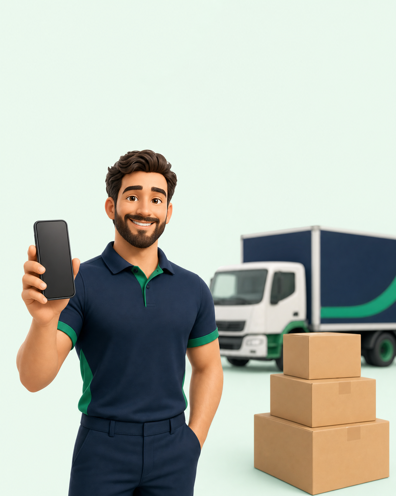 Friendly MoveSure mover holding a phone with moving boxes and a removal truck