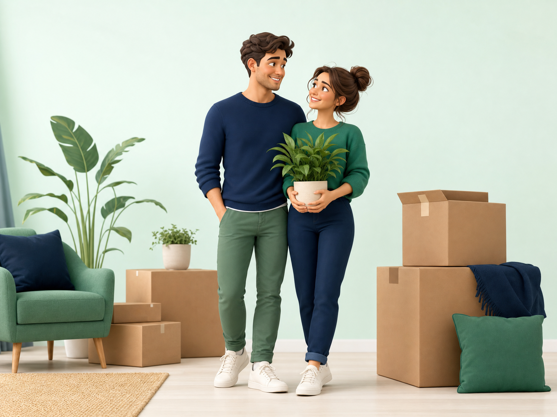 Happy couple in their new home among moving boxes